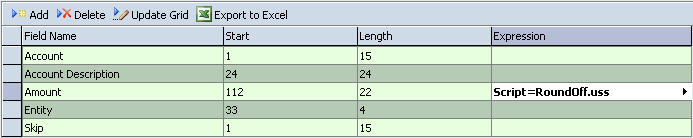 The image shows the Import Formats screen with the Script expression used in the Amount row.